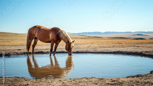 A horse drinking from a large water trough with clear sky above
