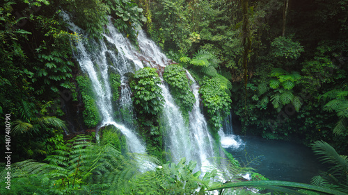 Panoramic View of Banyu Wana Amertha Waterfalls in Bali Tropical Forest