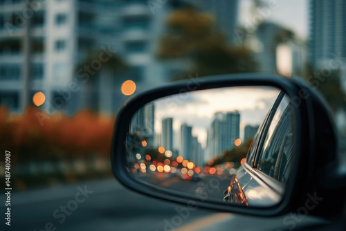 Side mirror view with blurred cityscape