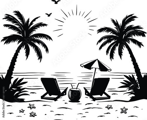 Relaxing Tropical Getaway: A Scenic Beachside Retreat with Palm Trees, a Lounge Chair, and a Sailing Boat Under a Tranquil Sky