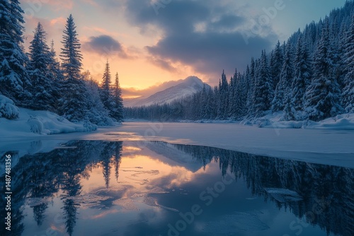 Aurora reflecting softly on the icy surface of a frozen lake encircled by snow-draped fir trees, Generative AI