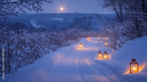 Lantern-lit trail curving through a snowy orchard glowing under the soft light of the full moon, Generative AI