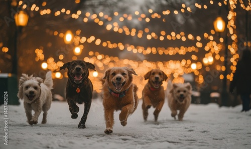 Dogs chasing each other through a frosted park surrounded by softly glowing holiday lanterns, Generative AI