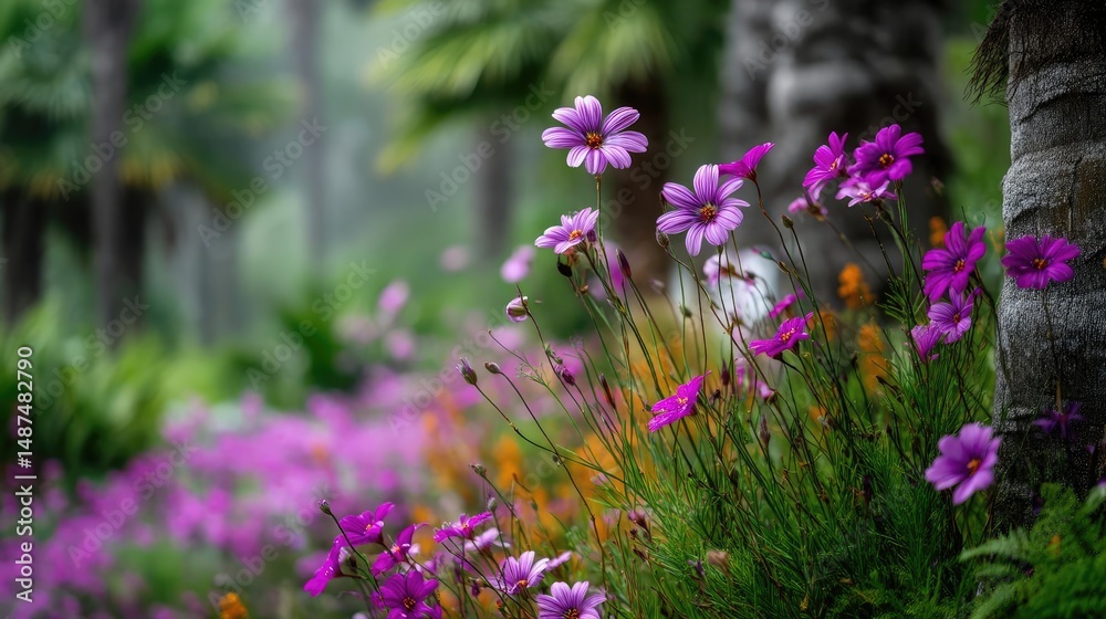 Obraz premium Blooming flowers in meadow surrounded by vibrant nature gardens concept. Vibrant garden filled with colorful flowers in lush greenery.