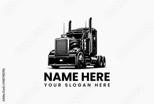 Sleek silver Freightliner Cascadia semi-truck with extended trailer at dynamic angle vector logo. Modern transportation and logistics emblem  