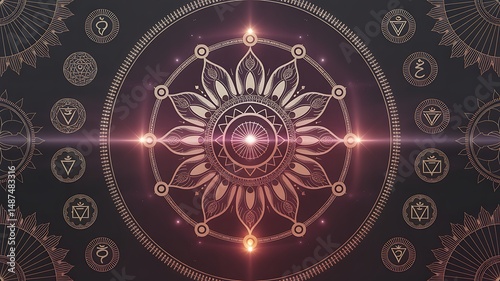 Sacred Geometry Mandala with Seven Chakras and Spiritual Symbols