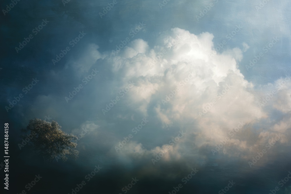 Obraz premium Solitary Tree Beneath Dramatic Cumulus Clouds: A Serene Landscape