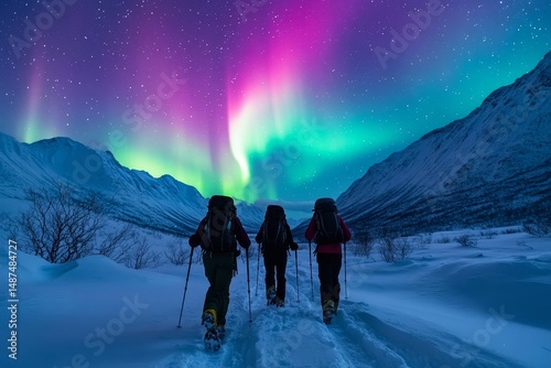 Hikers trekking through a pristine snowfield under a sky filled with vibrant aurora colors, Generative AI