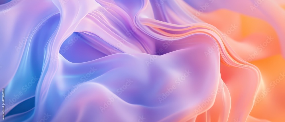 Fototapeta premium Colorful abstract background of flowing silk fabric waving in gentle motion with gradient hues of purple and orange creating a serene aesthetic atmosphere.