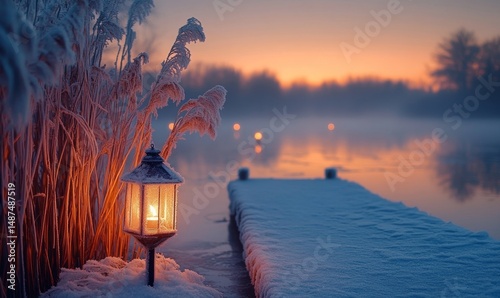 Lantern-lit frozen pond glowing under the faint light of dawn surrounded by reeds encased in frost, Generative AI