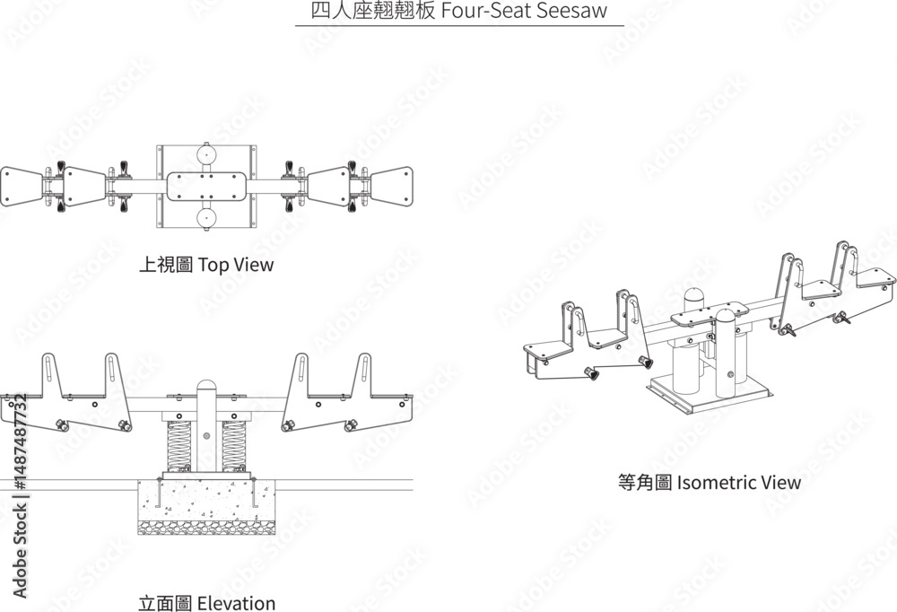 Obraz premium Four-Seat Seesaw – Plan, Elevation, and Isometric Views (CAD Vector Drawing)