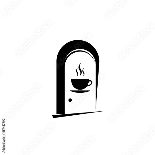 Coffee Cup Silhouette: Simple, stylish, monochrome coffee shop sign, coffee cup symbol on open door illustration. 
