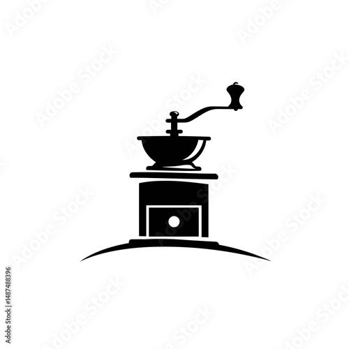 Coffee grinder icon: A simplistic yet stylish graphic of a vintage coffee grinder, rendered in monochromatic tones, perfect for design applications and representing fresh brewing