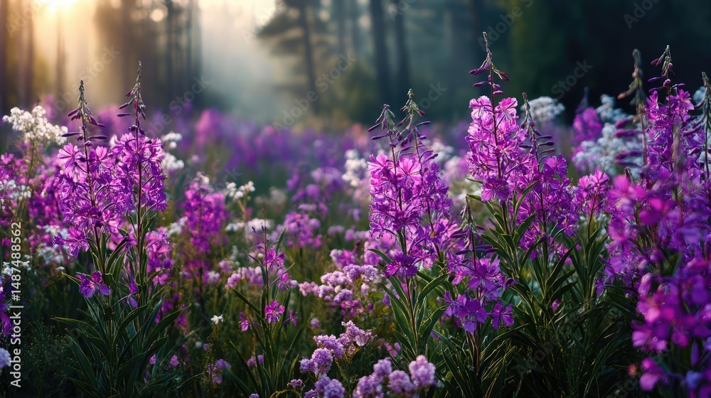 Obraz premium Blooming flowers in meadow with dreamy landscapes and gardens concept. Vibrant field of blooming purple flowers in a serene forest setting.