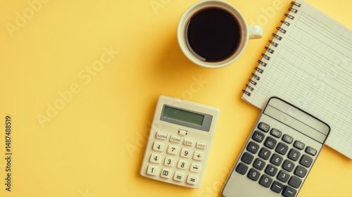 Budget flat lay with laptop notebook calculator smartphone coffee cup glasses and financial statement reports on blush pink to sky blue gradient pastel background