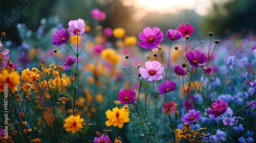 Blooming flowers in meadow with dreamy landscapes and gardens concept. Vibrant wildflowers blooming in a sunny meadow at sunset.