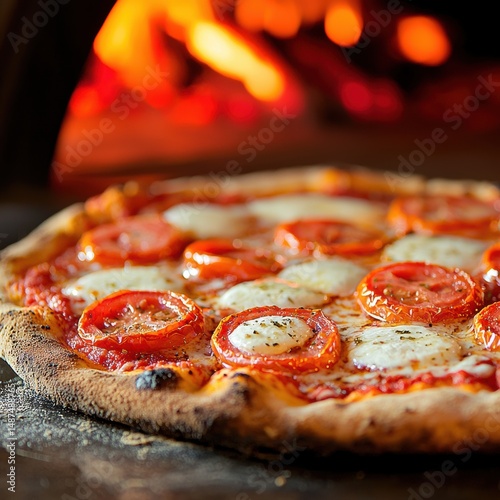 Close up of a Neapolitan Pizza Topped with Tomato and Mozzarella Cheese Being Baked in a Wood Fired Oven