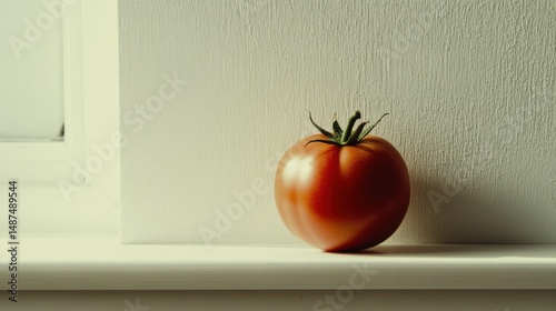 Simple minimalist photo of a tomato off-center on a white surface