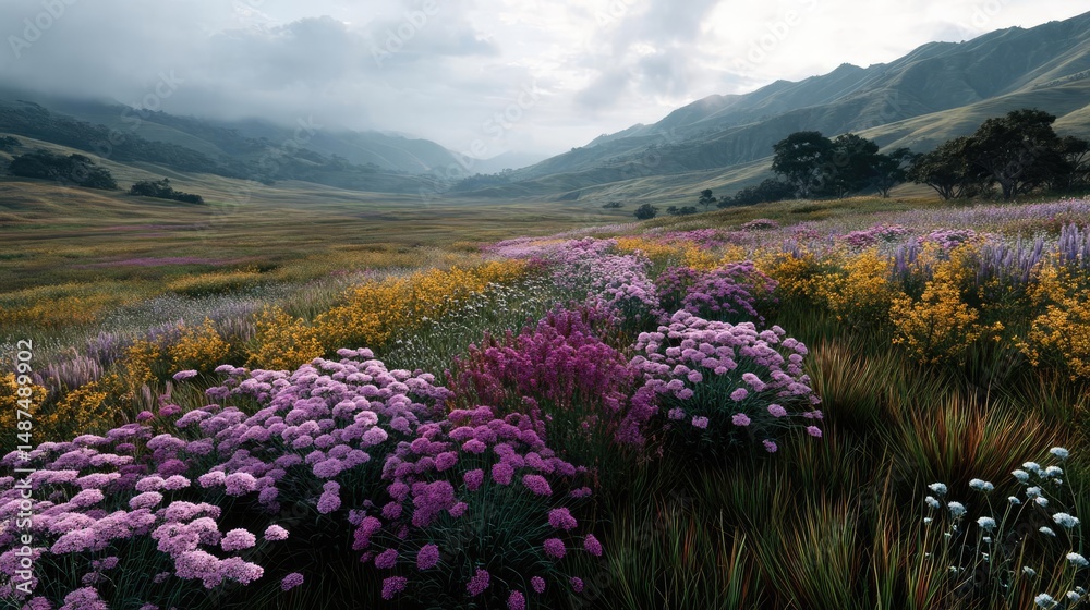 Obraz premium Blooming flowers in meadow with dreamy landscapes and gardens concept. Vibrant wildflower meadow beneath a cloudy mountain sky.