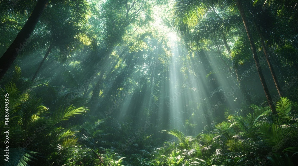 Fototapeta premium Sunlight streams through dense jungle canopy