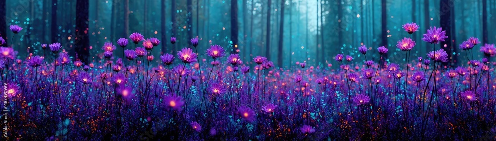 Obraz premium Blooming flowers in meadow with glowing landscapes and nature concept. Vibrant field of purple flowers in a mystical forest setting.