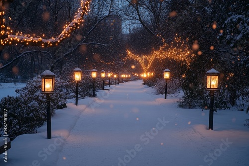 Lantern-lit skating trail winding through a frosty park surrounded by softly illuminated snow-covered trees, Generative AI