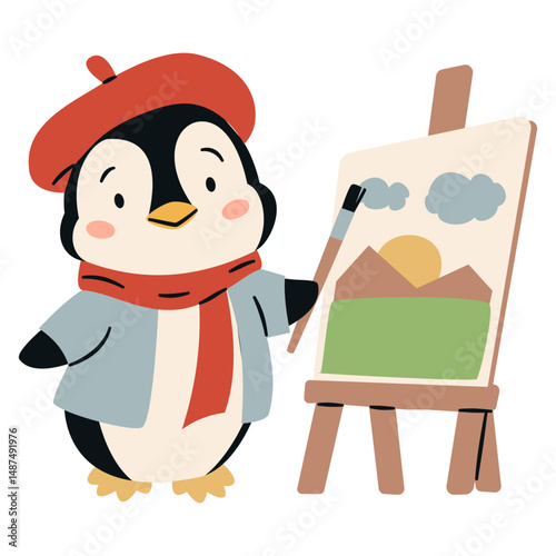 Cute penguin artist drawing a picture. Flat vector illustration in simple children's style on white background . Vector illustration