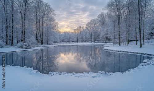 Aurora reflecting softly on a tranquil frozen pond encircled by snowy trees, Generative AI