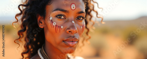Traditional tribal woman with facial paint and jewelry stands in the desert under a blue sky during daylight