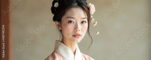 Elegant woman in traditional kimono with floral adornments in serene indoor setting during daylight