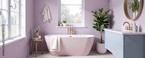Elegant modern bathroom design featuring a freestanding tub, natural light, and stylish decor