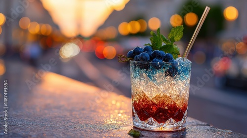 Tricolor cocktail with blueberries and mint in crystal glass, celebrating French National Day with festive elegance.