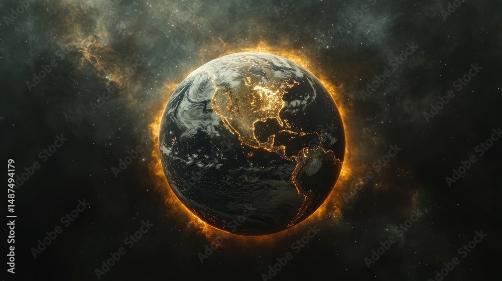 Obraz premium Burning Earth in Space