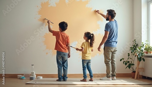 Father and Children Painting Wall with Orange Hue: Family Bonding Through DIY Home Improvement, Creating Cheerful & Colorful Living Space, Natural Light, Celebrating Family Day.