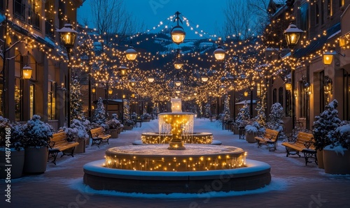 Lantern-lit benches arranged around a glowing frozen fountain in the center of a bustling snowy plaza, Generative AI