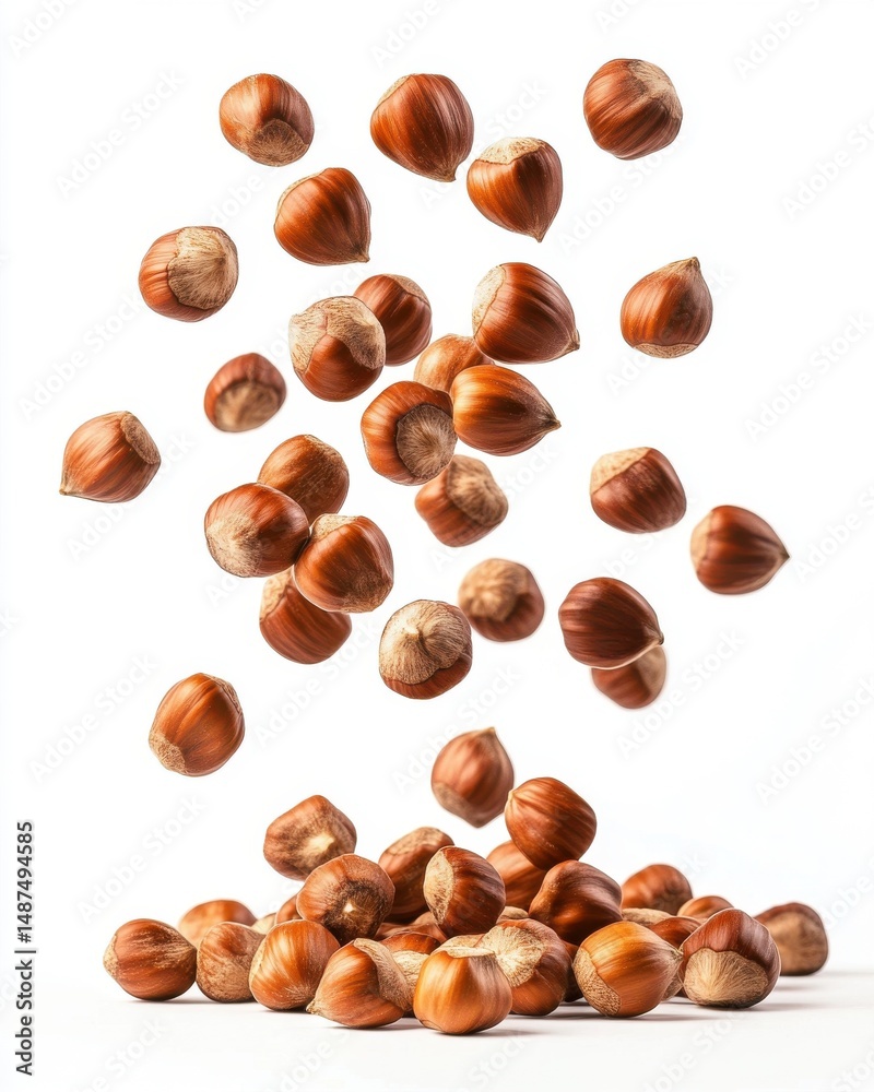 Brown Hazelnuts Falling and Piled on White Background Brown Hazelnuts Falling and Piled on White Background