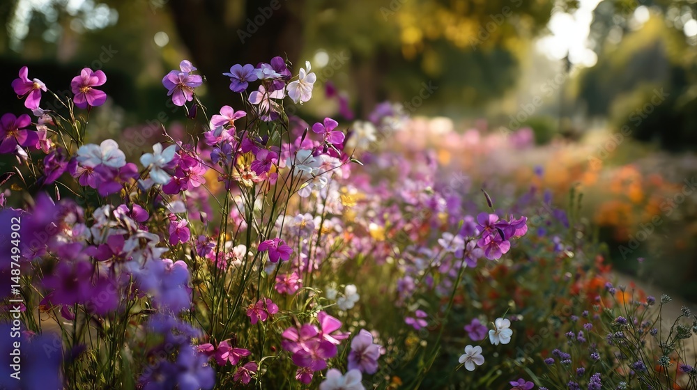 Obraz premium Blooming flowers in meadow with dreamy landscapes and gardens concept. Vibrant flowers blooming in a serene garden setting.