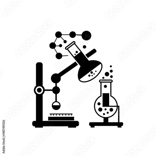 Scientific Discovery: An illustration of a microscope and beakers forming a connection with chemical structures, representing the exploration and analysis. 