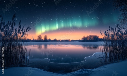 Aurora shimmering gently above a frozen lake framed by snow-covered reeds glinting in the starlight, Generative AI