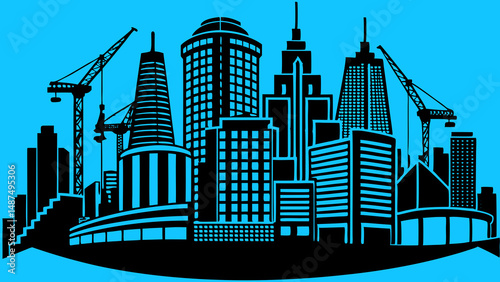 A bold city skyline emerging new construction transforming the urban landscape against a bright blue