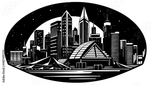 Evocative monochrome skyline illustration twinkling with starlight reflecting on glassy waters oval