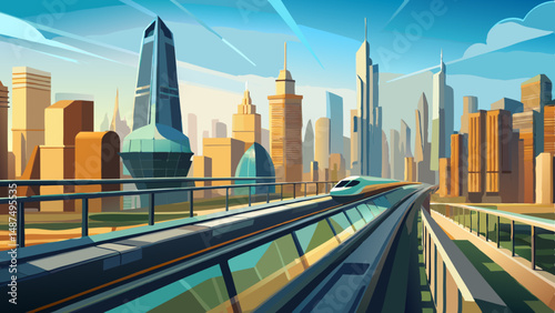 Racing into the future High speed train glides through a vibrant metropolis a vector art cityscape