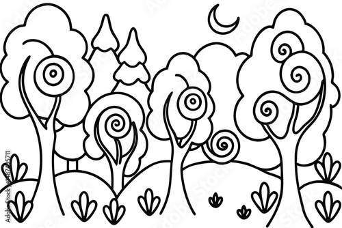 Whimsical woodland outlined in black shows unique flora against a crescent moon above