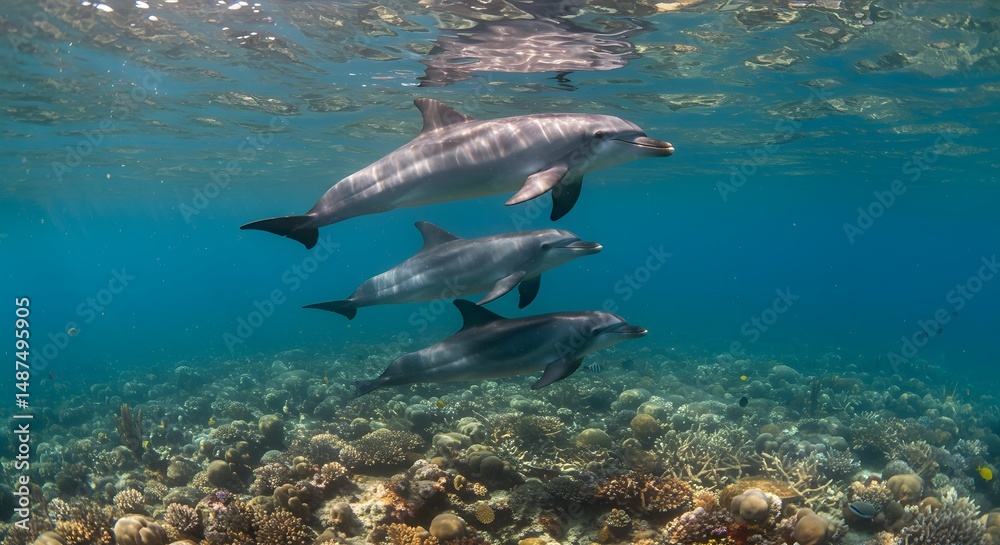 Obraz premium Graceful Dolphins Glide Through Vibrant Coral Reef