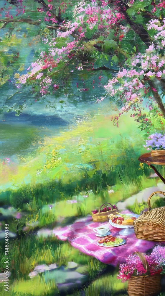 Naklejka premium Serene Spring Picnic: Vibrant Outdoor Gathering Amidst Blossoming Nature