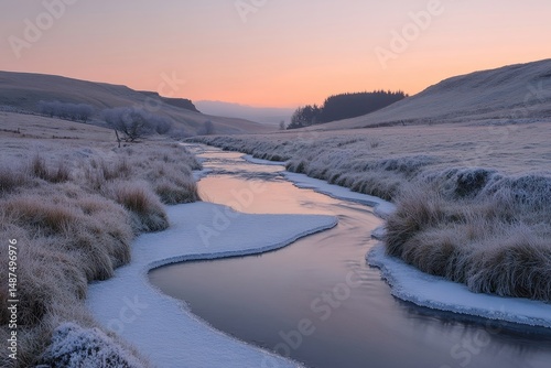 Frozen river shimmering in the last light of day as it winds through a quiet frosted valley, Generative AI
