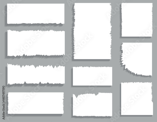 Collection of set of white paper sheets with torn paper effect and realistic shadow effect, isolated vector illustration