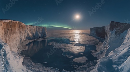 Aurora reflecting off a frozen bay encircled by snow-draped cliffs glowing in moonlight, Generative AI