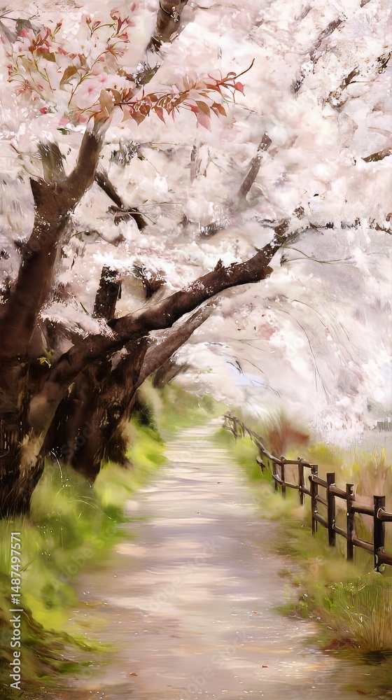 Fototapeta premium Springtime Serenity: Cherry Blossoms on a Tranquil Nature Path