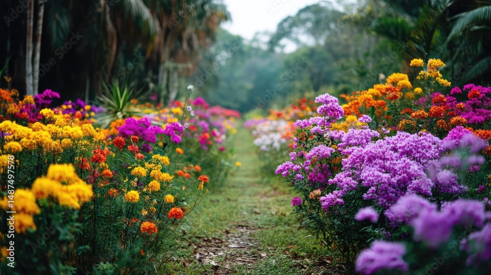Obraz premium Blooming flowers in meadow surrounded by vibrant nature gardens concept. Vibrant flower path surrounded by blooming colorful flowers.